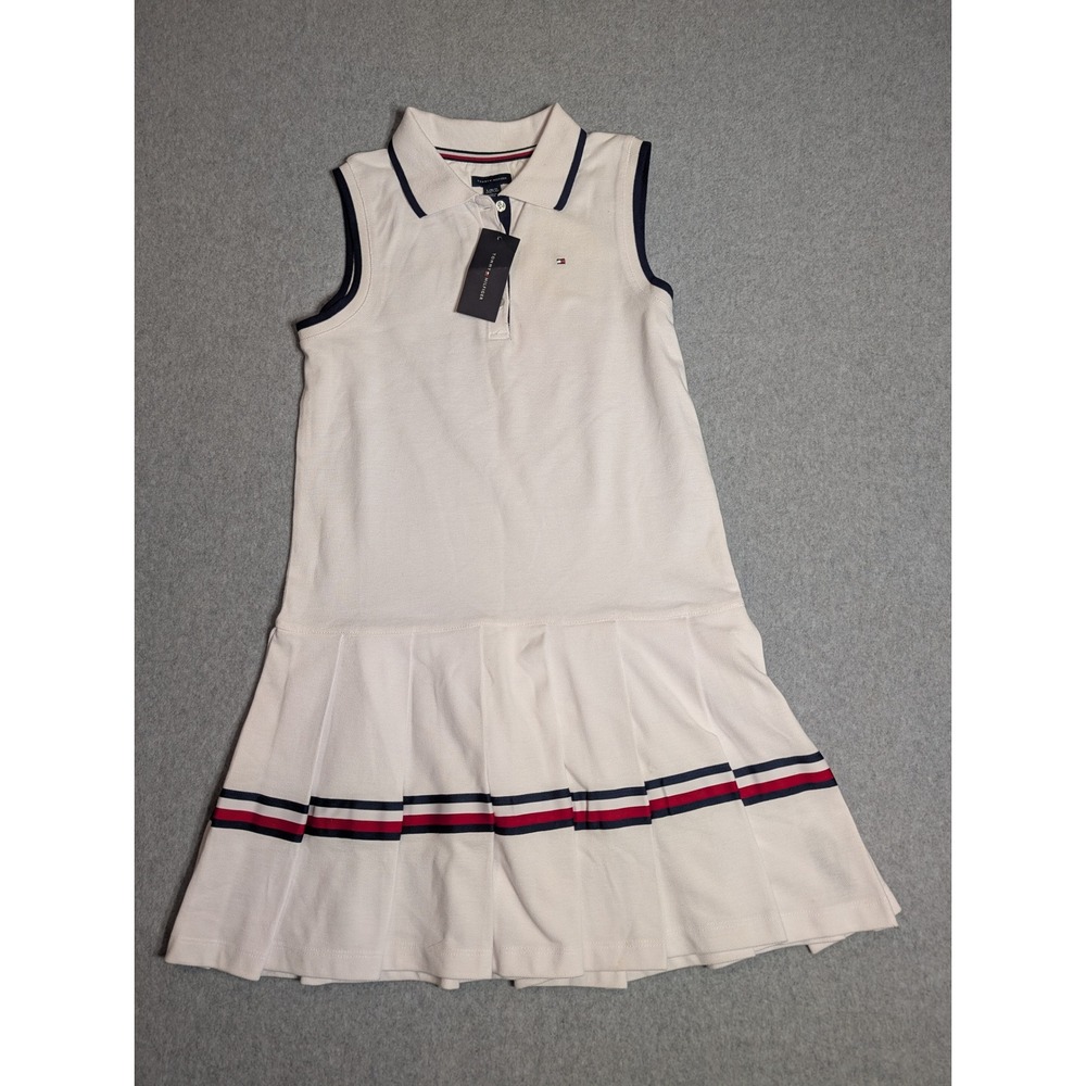 Tommy Hilfiger Girls White Sleeveless Pleated Polo Dress L 12/14 TGSFH30X-100